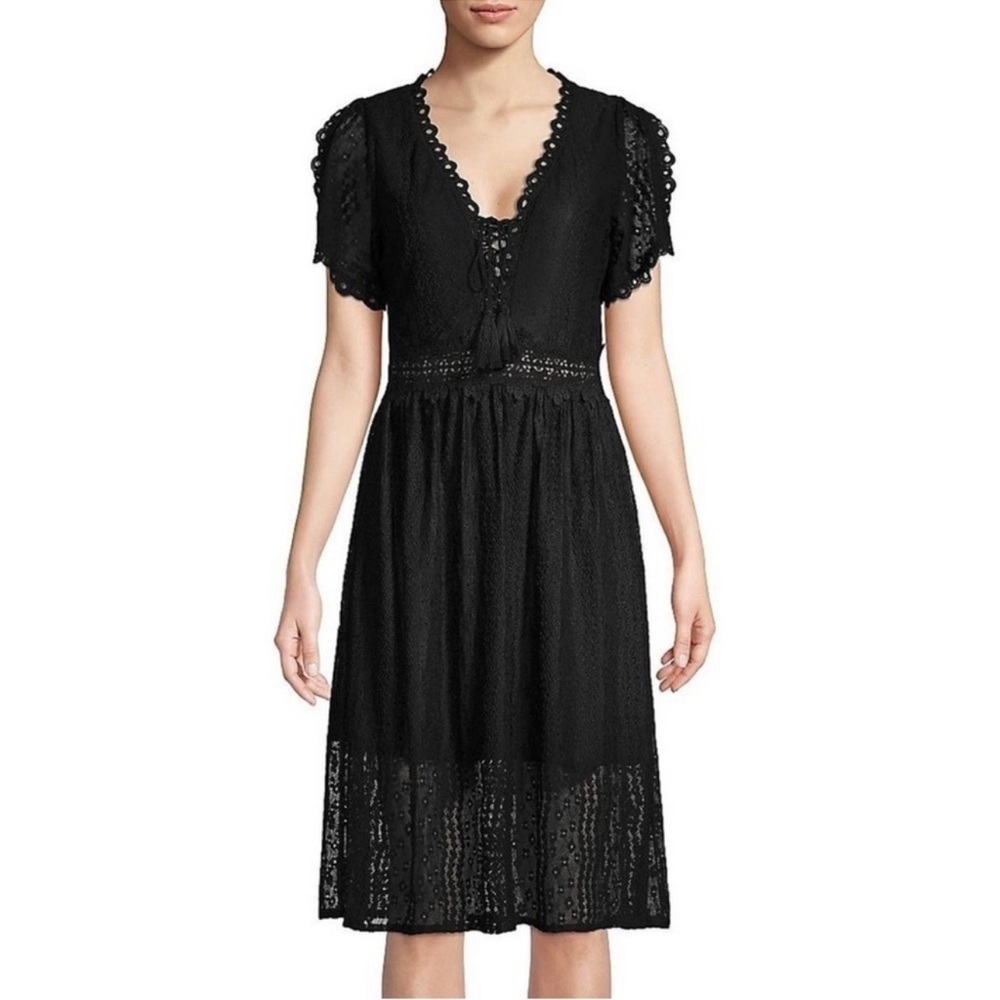 NWT ALLISON New York Black Lace Floral Split Sleeve V Neck Midi Dress XS
